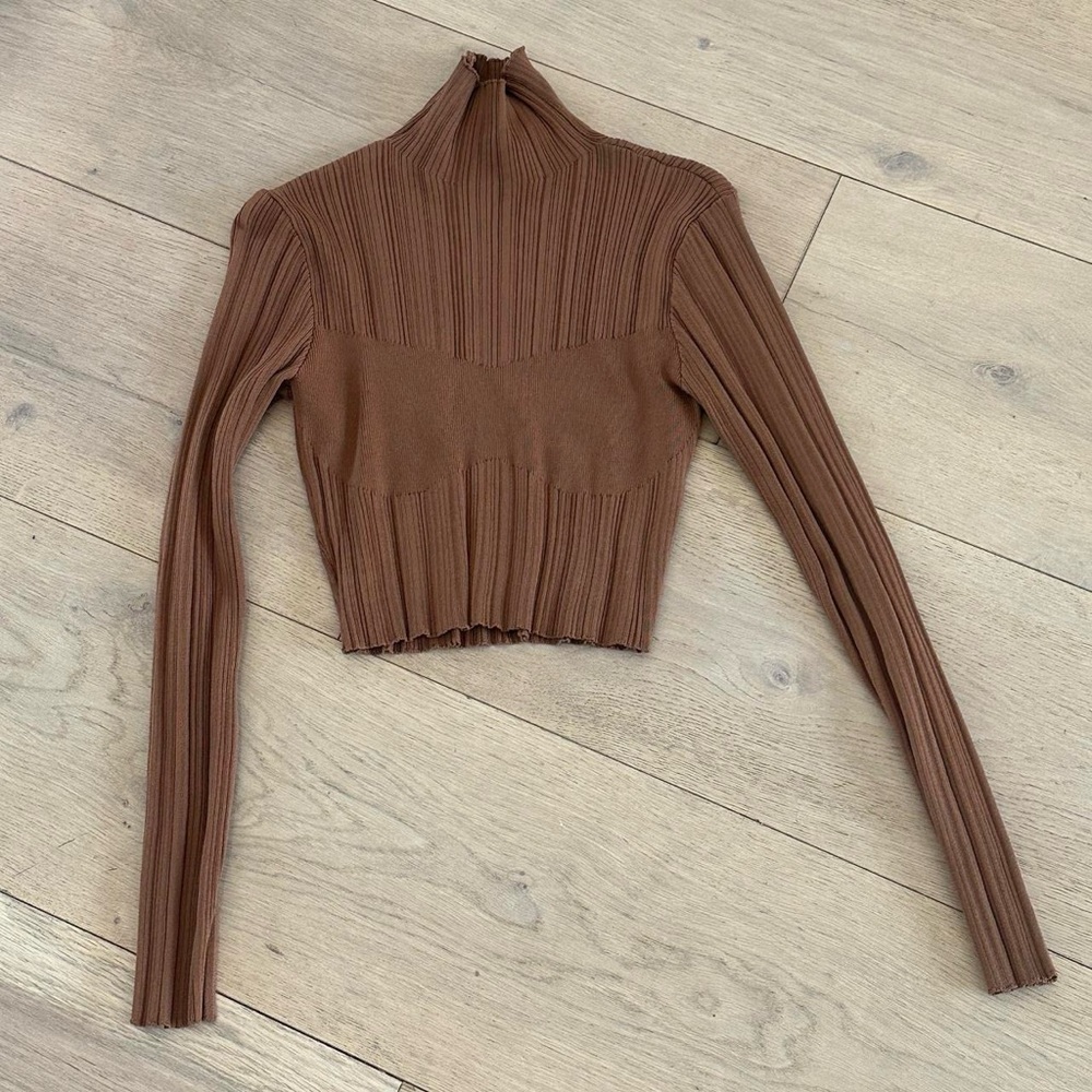Brown Ribbed Long Sleeve Crop Turtleneck